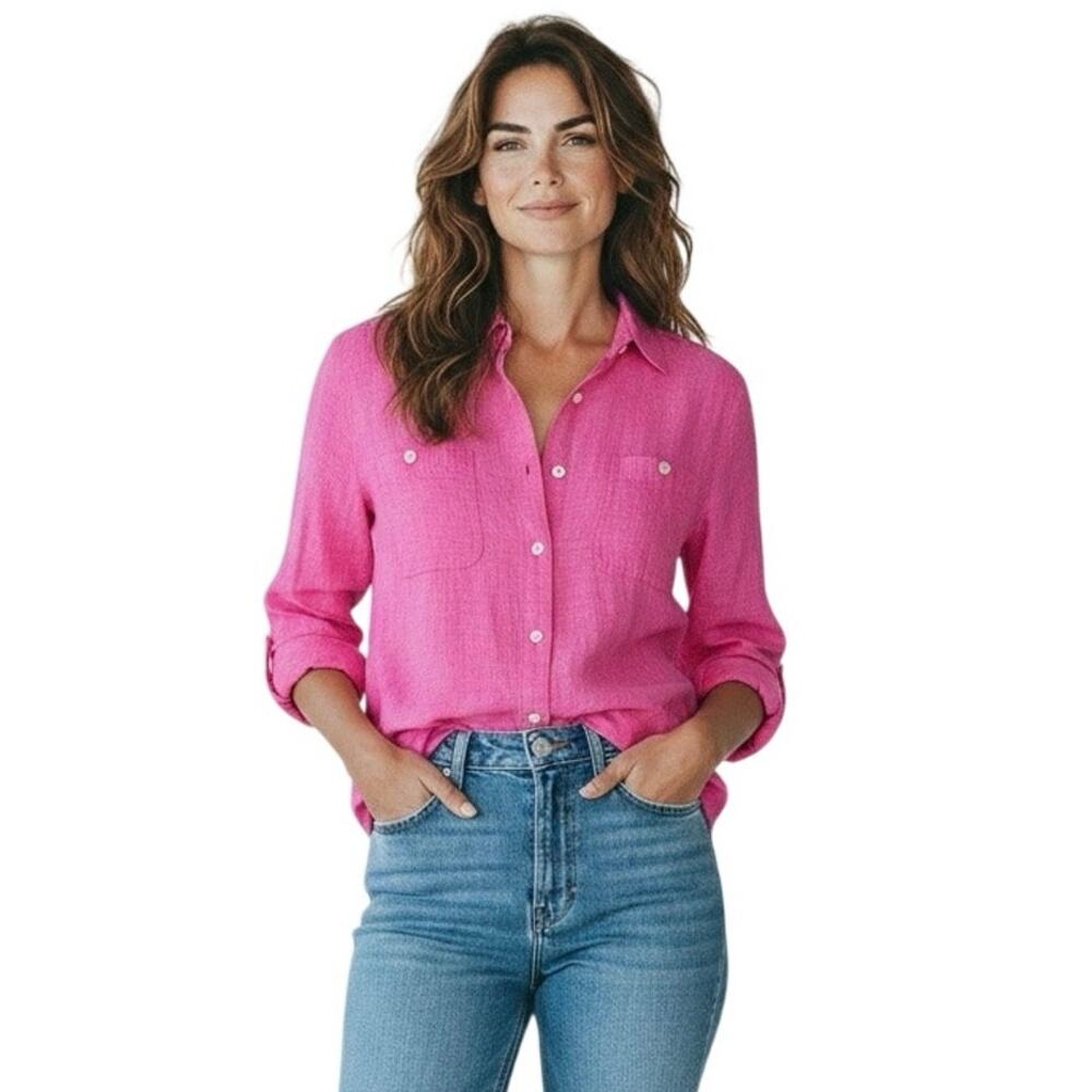 TOMMY BAHAMA Women’s Pink Linen Long Sleeve Button Up Camp Shirt